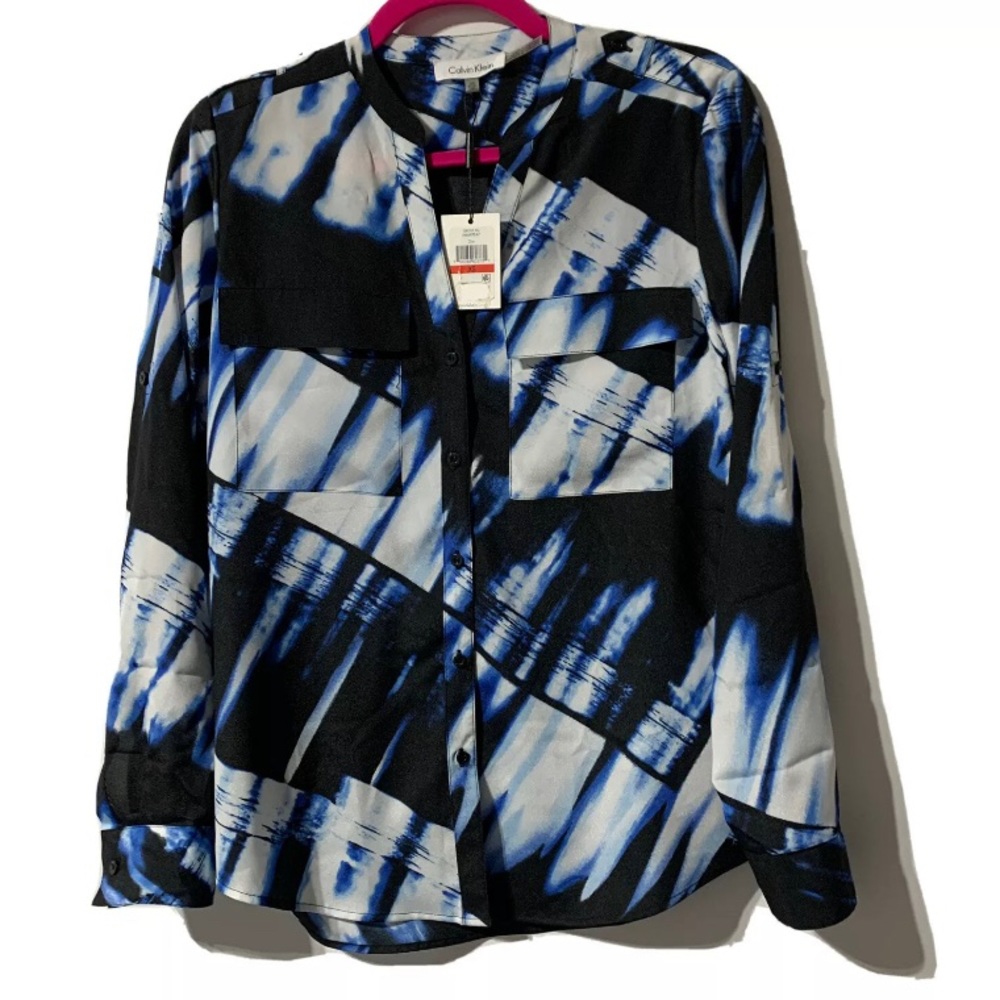 Calvin Klein Button Front Printed Blouse Roll Tab Sleeve Epaulettes Size XS